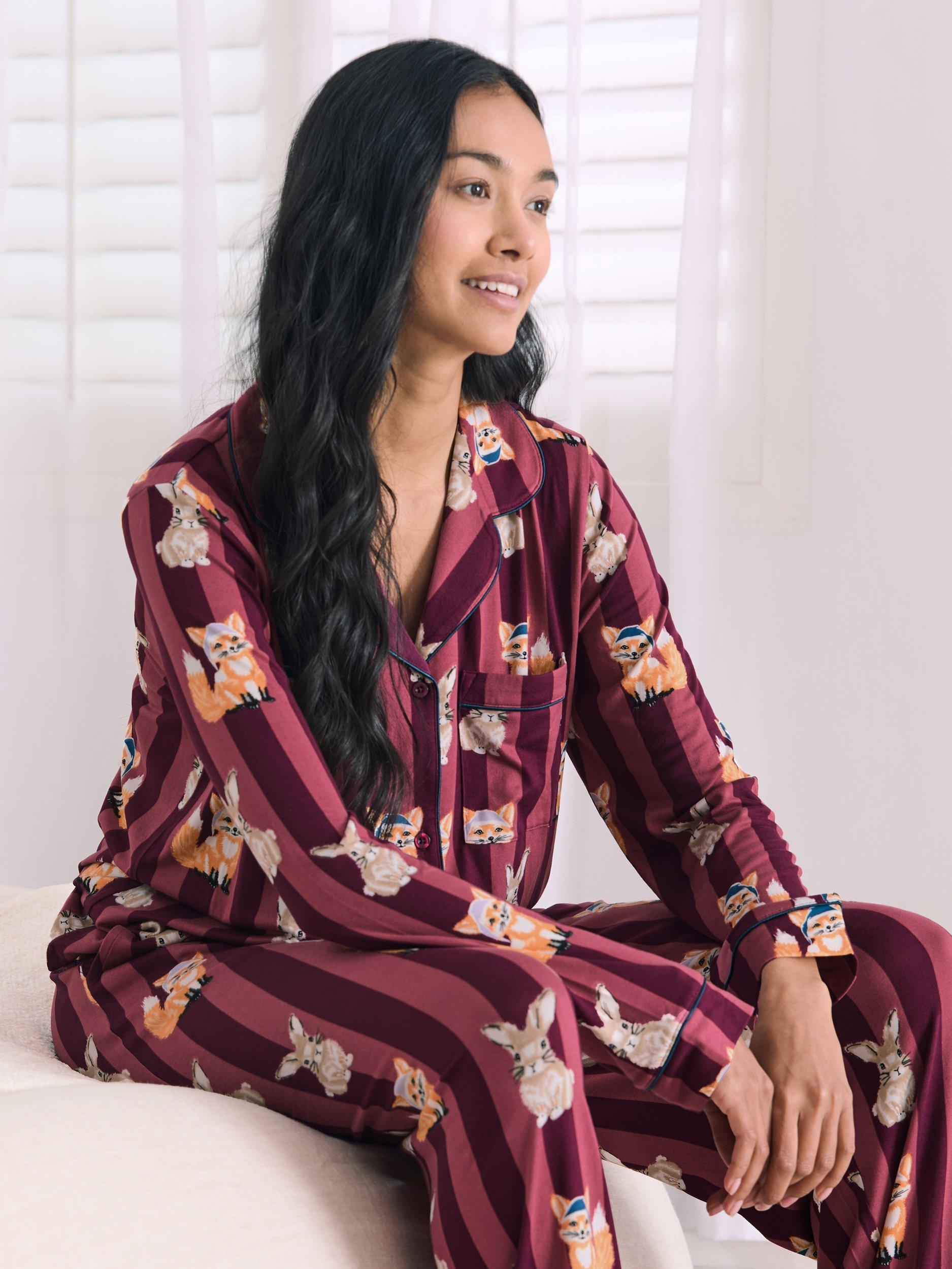 Product image 4 of 6, which shows Chelsea Peers Fox & Hare Button Through Long Pyjama Set, Burgundy, 10