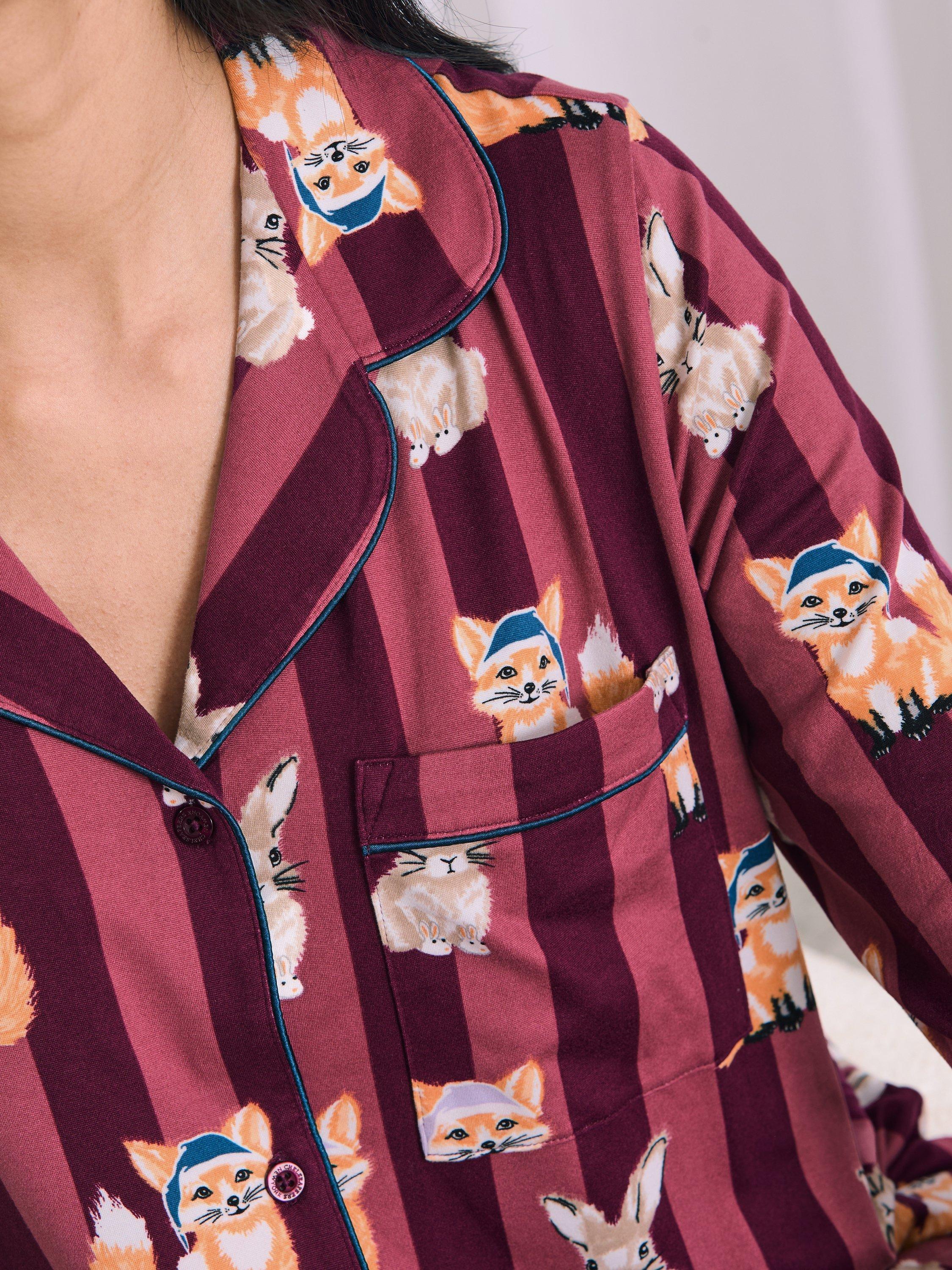 Product image 5 of 6, which shows Chelsea Peers Fox & Hare Button Through Long Pyjama Set, Burgundy, 10