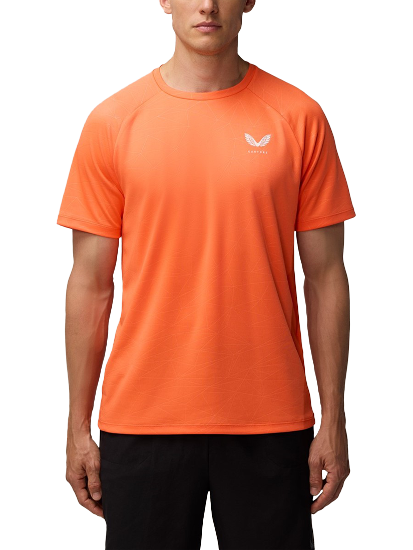 Product image 1 of 4, which shows Castore Men's Adapt Training T-Shirt, Bright Orange/Mid Grey, S