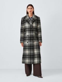 John Lewis Double Breasted Check Wool Blend Coat, Black/Multi - view 2, Black/Multi
