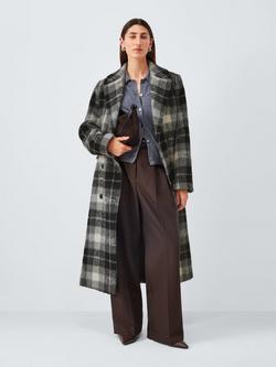 John Lewis Double Breasted Check Wool Blend Coat, Black/Multi, Black/Multi