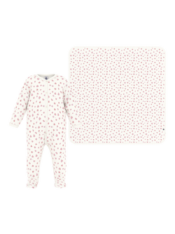 Petit Bateau Baby Cotton Sleepsuit and Blanket Set, White/Pink, White/Pink