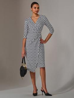 Jolie Moi Three Quarter Sleeve V Neck Shift Midi Dress, White Geo