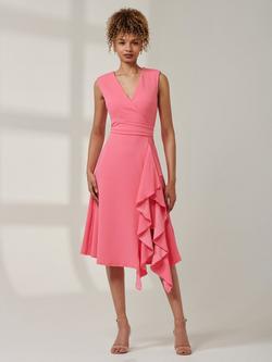 Jolie Moi Ruffle Detail Sleeveless V Neck Midi Dress, Pink