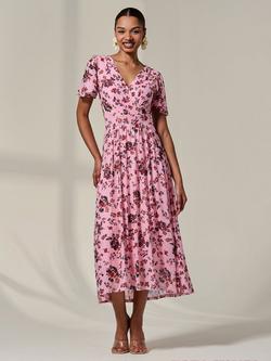 Jolie Moi Floral Short Sleeve V Neck Wrap Mesh Maxi Dress, Coral Multi