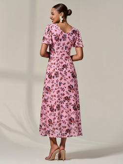 Jolie Moi Floral Short Sleeve V Neck Wrap Mesh Maxi Dress - view 2, Coral Multi