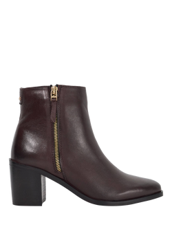 Dune London Purl Leather Zip Detail Block Heel Ankle Boots, Burgundy