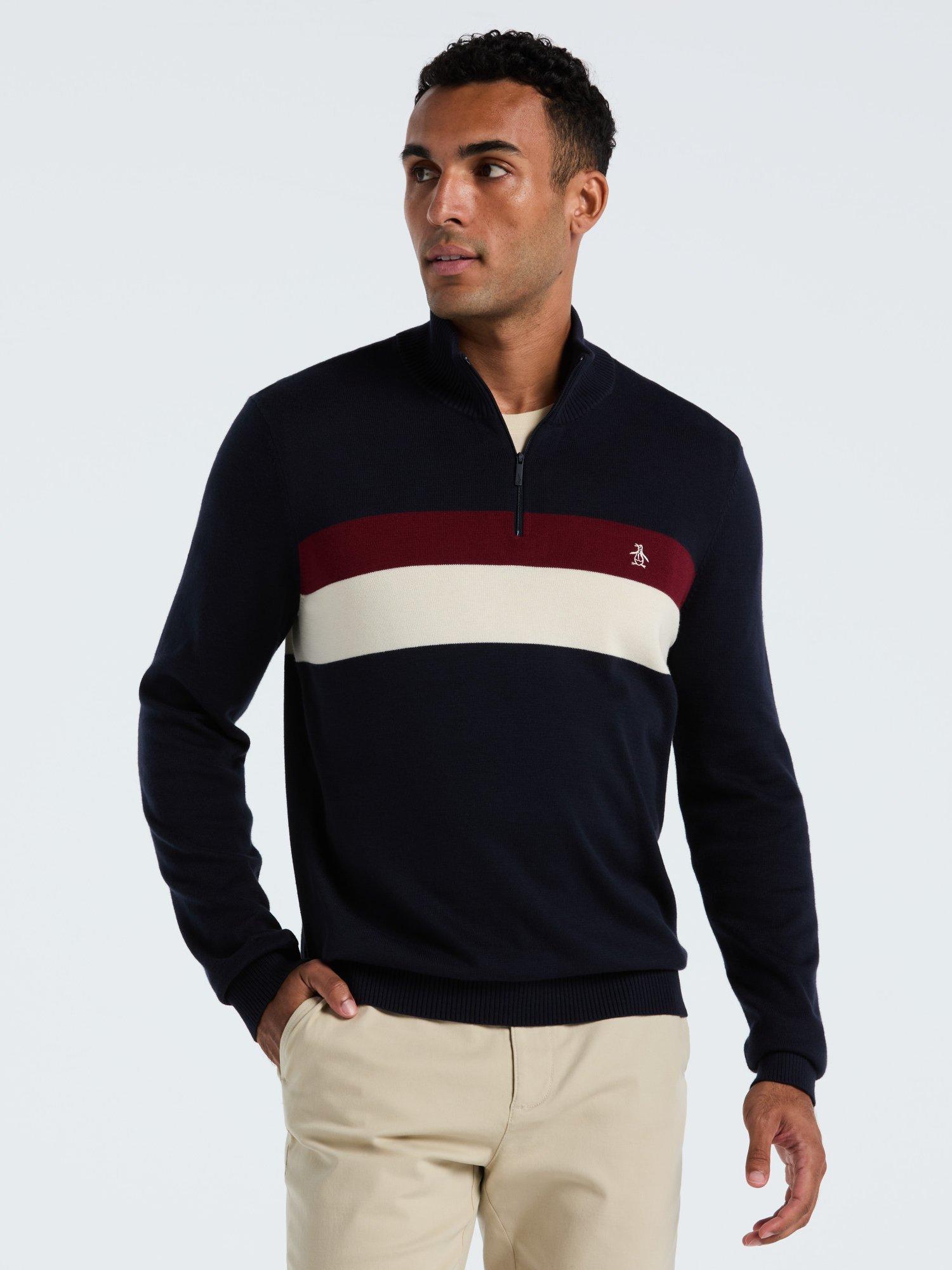 Product image 1 of 4, which shows Original Penguin Cotton Colourblock Zip Neck Jumper, Dark Sapphire, L