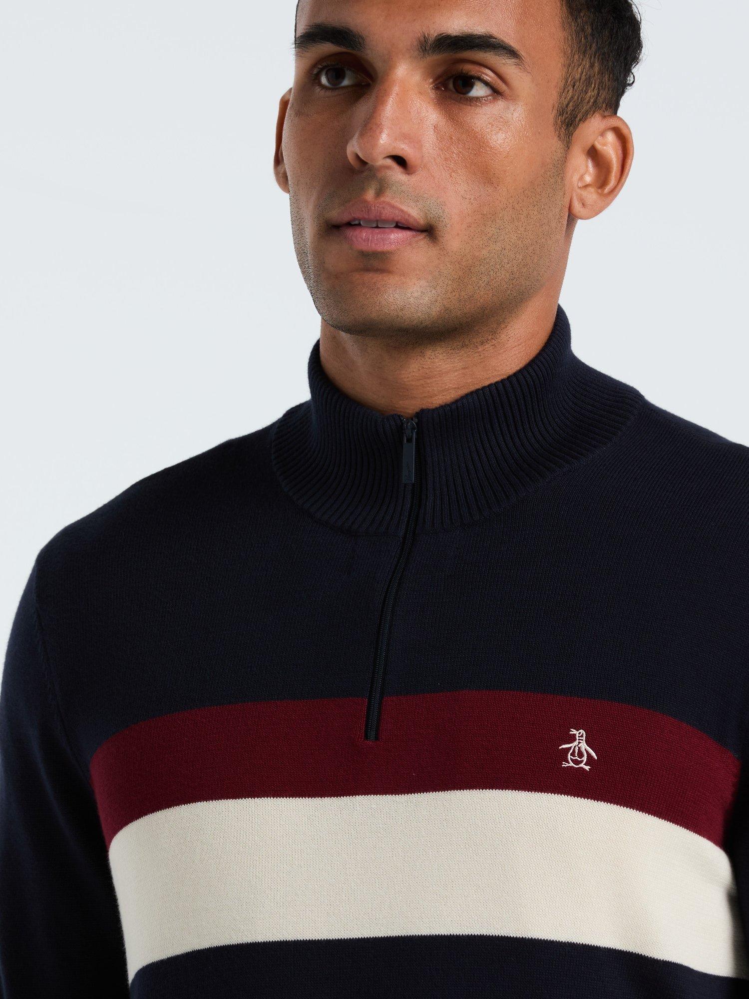 Product image 2 of 4, which shows Original Penguin Cotton Colourblock Zip Neck Jumper, Dark Sapphire, L