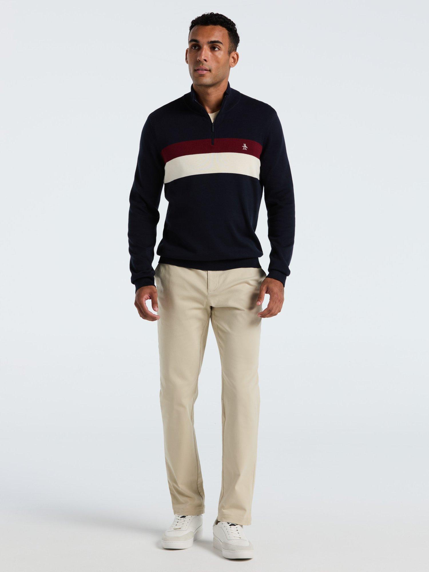 Product image 3 of 4, which shows Original Penguin Cotton Colourblock Zip Neck Jumper, Dark Sapphire, L