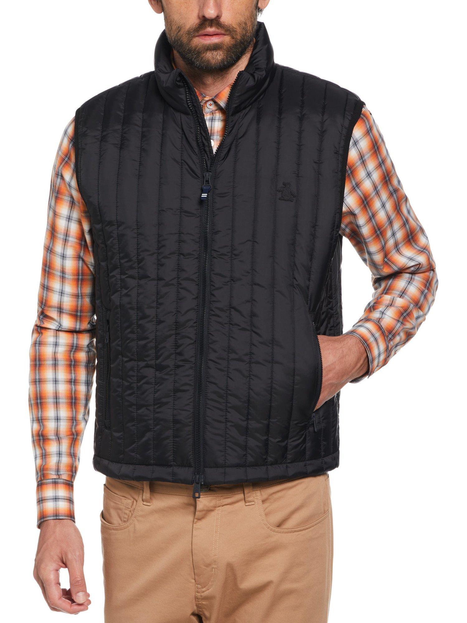 Product image 1 of 4, which shows Original Penguin Nylon High Neck Zip Front Quilted Gilet, True Black, L