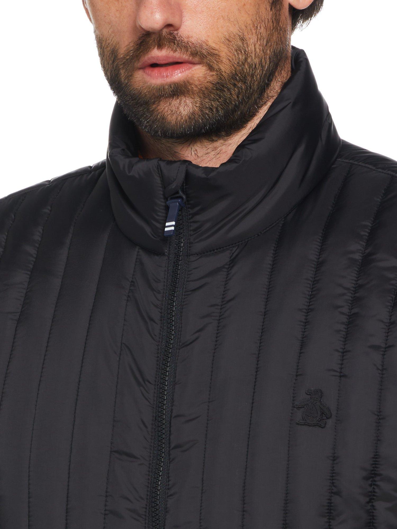 Product image 2 of 4, which shows Original Penguin Nylon High Neck Zip Front Quilted Gilet, True Black, L