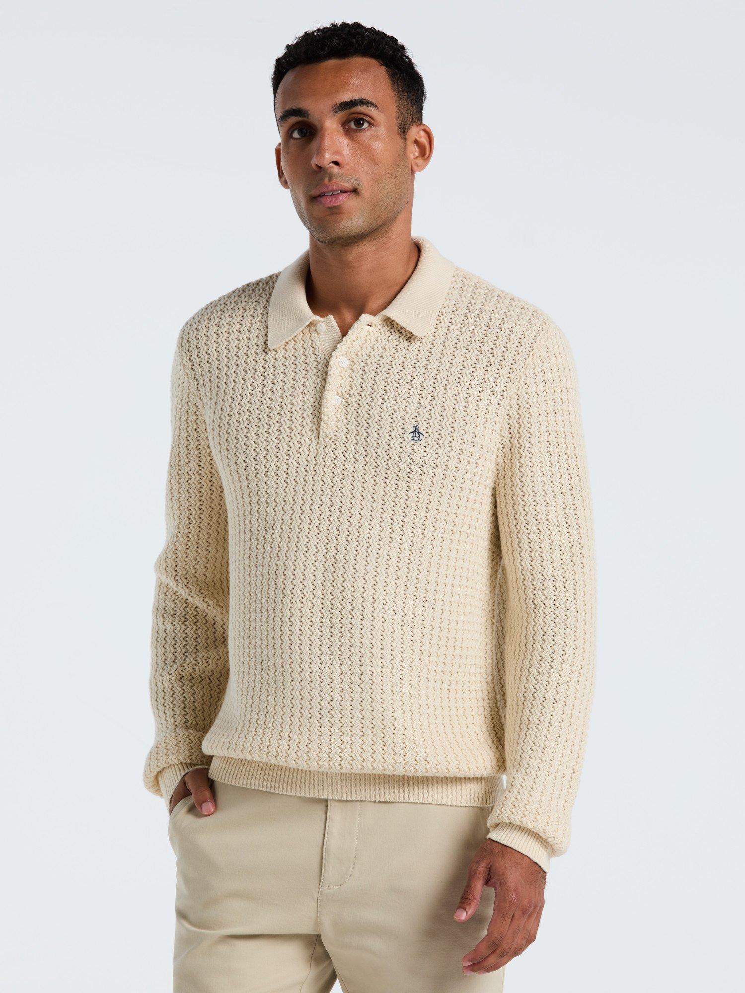 Product image 1 of 5, which shows Original Penguin Cotton Blend Zigzag Stitch Jumper, Birch, L