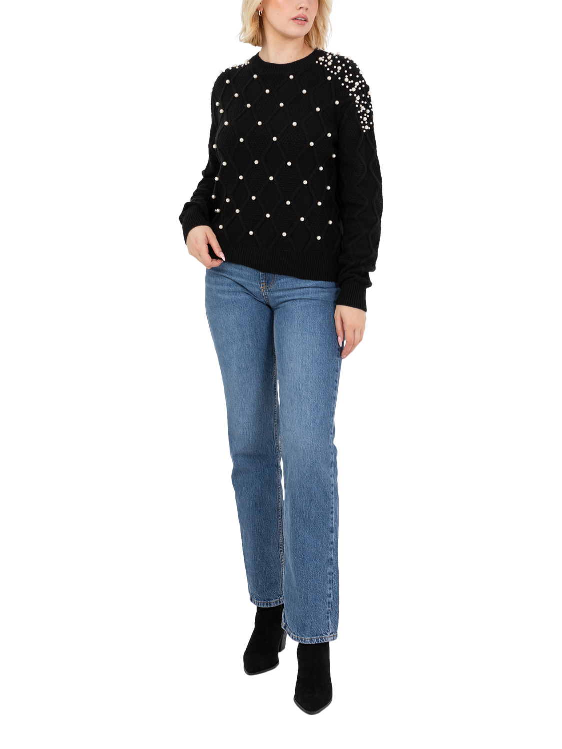 Product image 1 of 4, which shows Lovedrobe Embellished Cable Knit Jumper, Black, 8-10