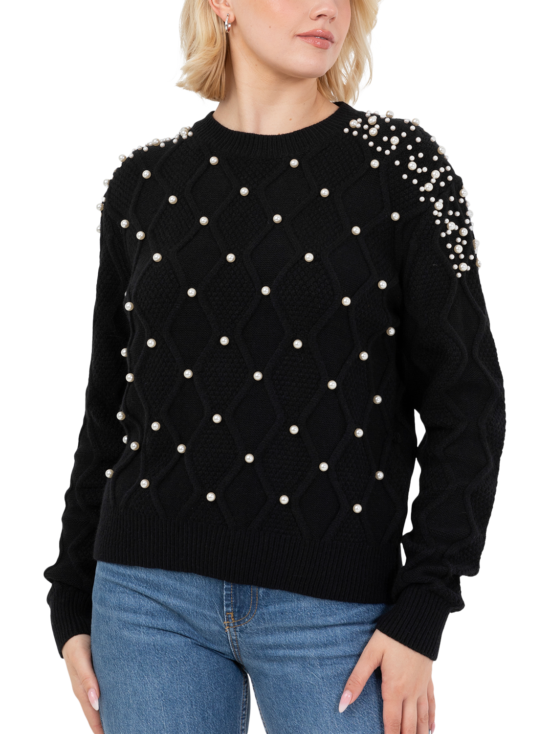 Product image 3 of 4, which shows Lovedrobe Embellished Cable Knit Jumper, Black, 8-10
