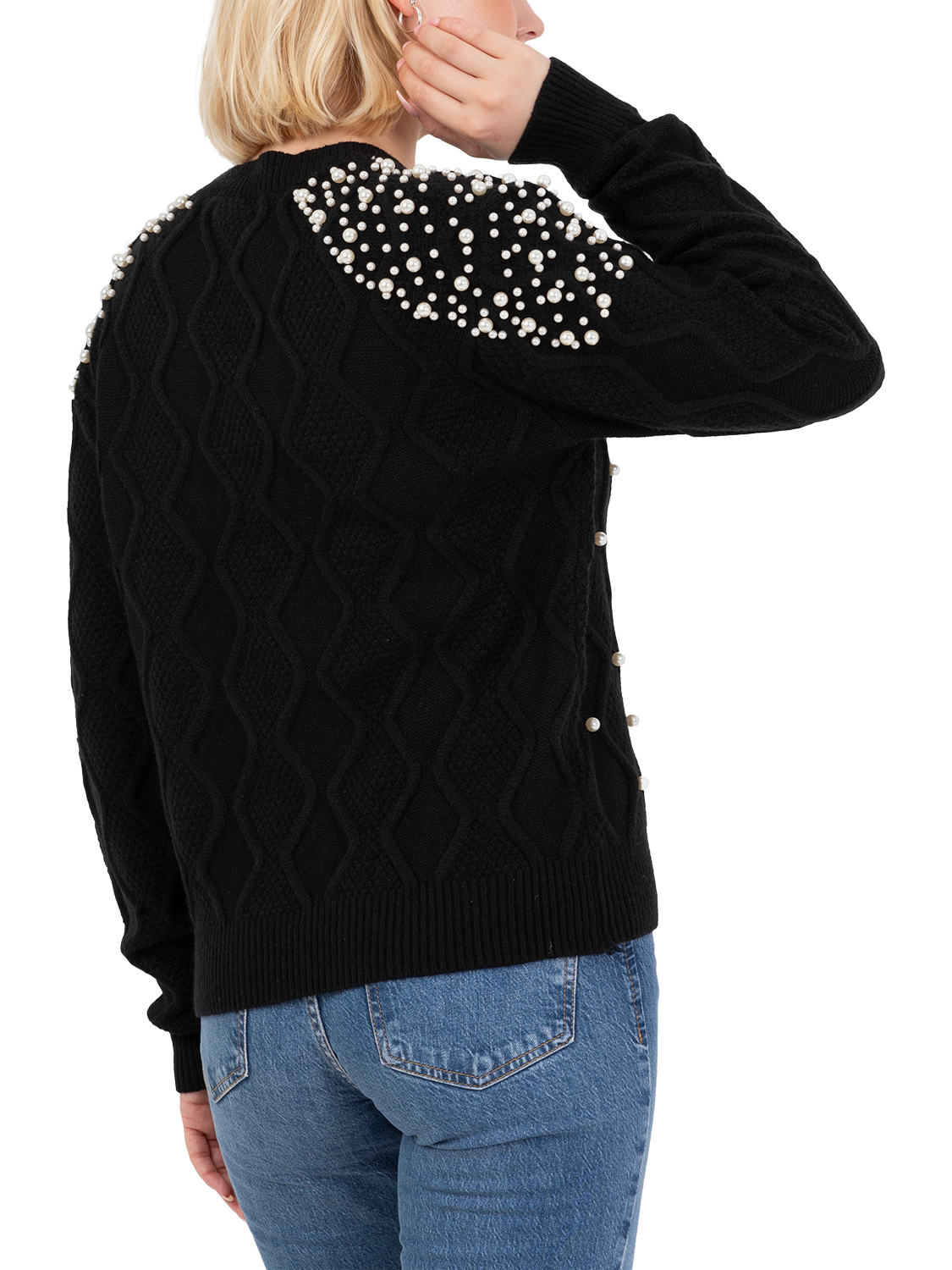 Product image 4 of 4, which shows Lovedrobe Embellished Cable Knit Jumper, Black, 8-10