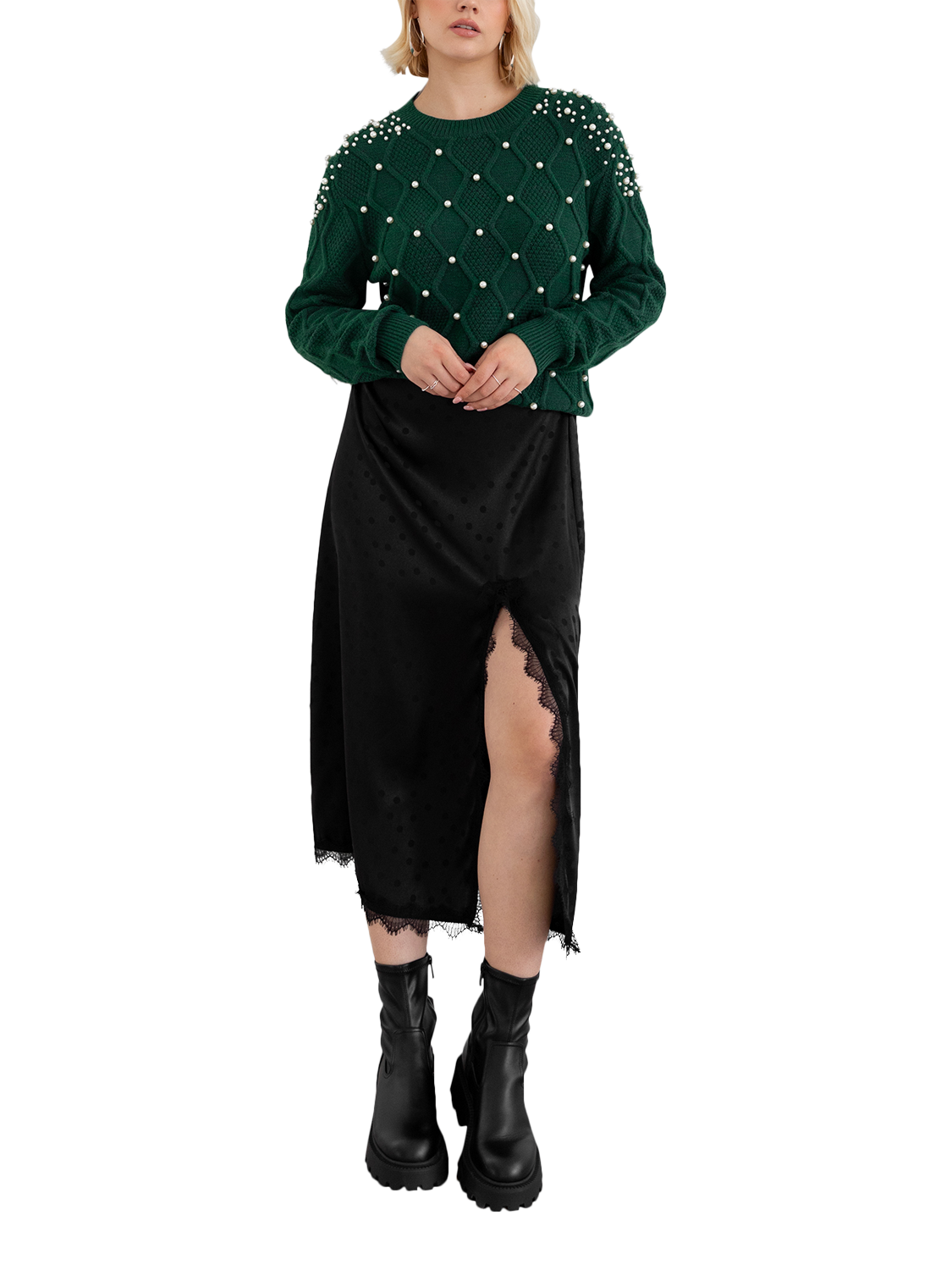 Product image 1 of 10, which shows Lovedrobe Embellished Cable Knit Jumper, Emerald, 8-10