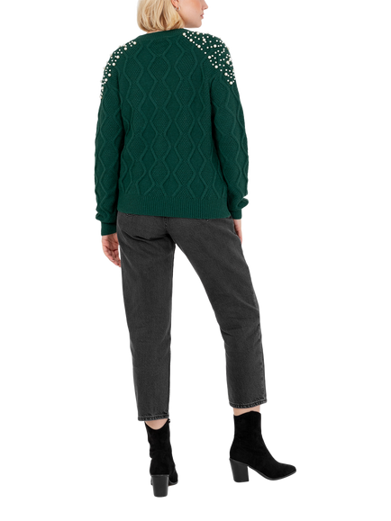 Lovedrobe Embellished Cable Knit Jumper - view 2, Emerald