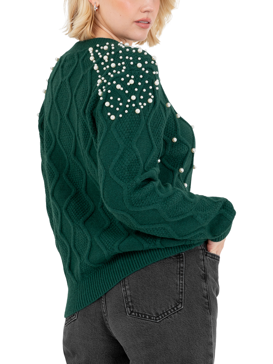 Product image 4 of 10, which shows Lovedrobe Embellished Cable Knit Jumper, Emerald, 8-10