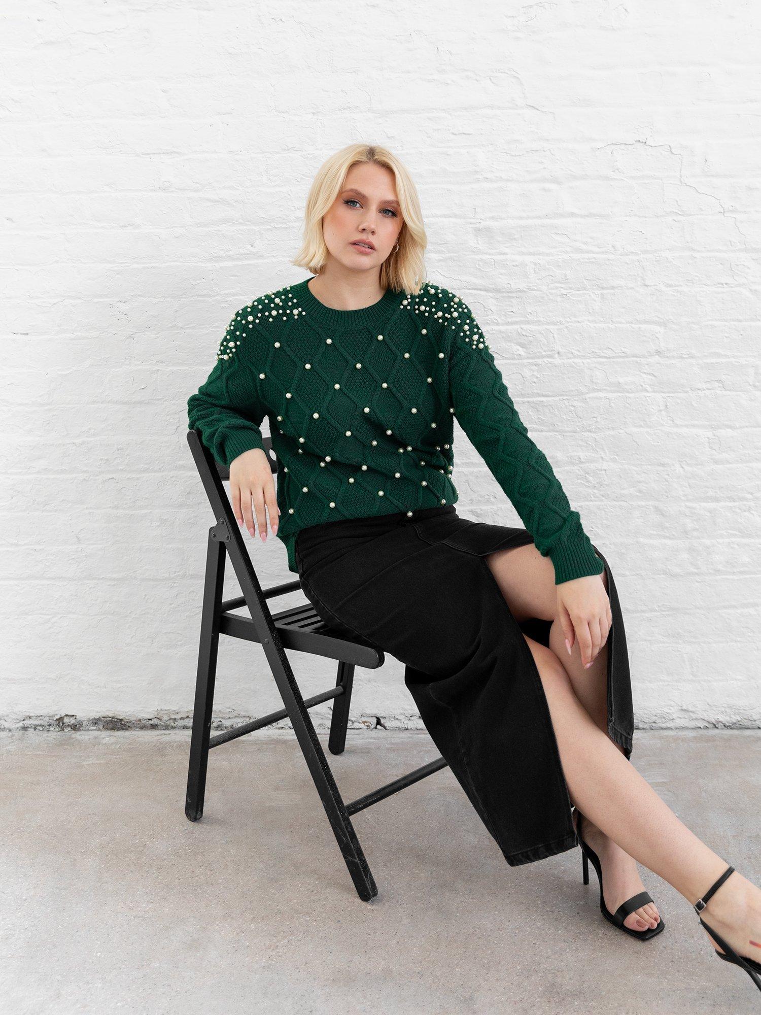 Product image 7 of 10, which shows Lovedrobe Embellished Cable Knit Jumper, Emerald, 8-10