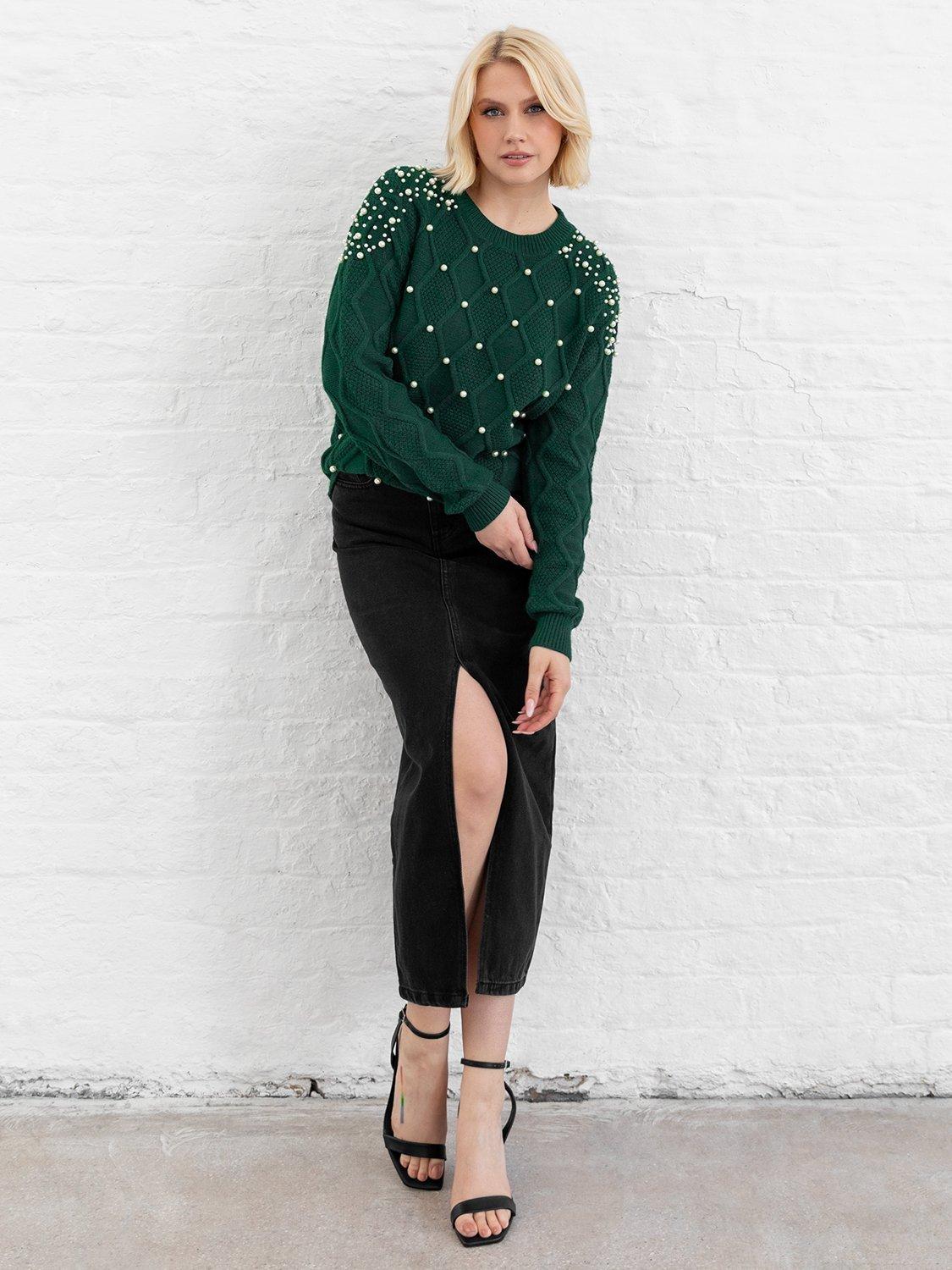 Product image 8 of 10, which shows Lovedrobe Embellished Cable Knit Jumper, Emerald, 8-10
