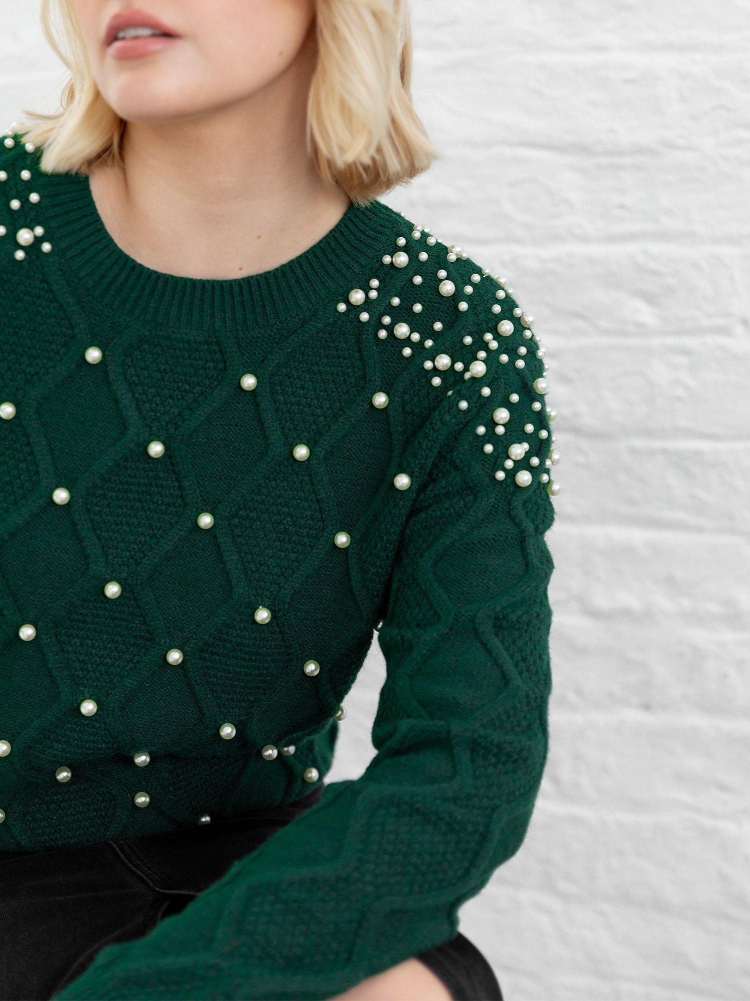 Product image 9 of 10, which shows Lovedrobe Embellished Cable Knit Jumper, Emerald, 8-10