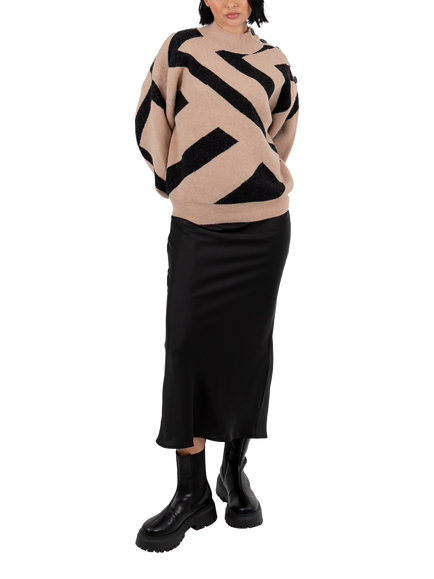 Lovedrobe Geometric Jacquard High Neck Jumper, Camel, Camel