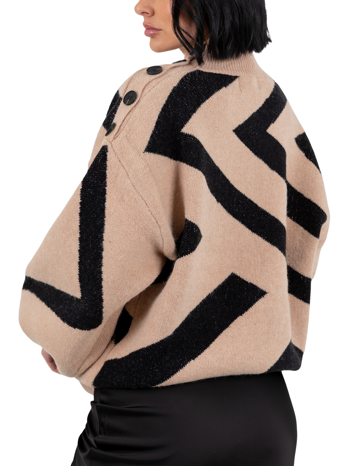 Product image 4 of 9, which shows Lovedrobe Geometric Jacquard High Neck Jumper, Camel, 8-10