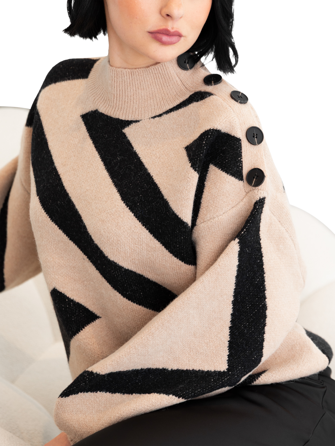 Product image 5 of 9, which shows Lovedrobe Geometric Jacquard High Neck Jumper, Camel, 8-10