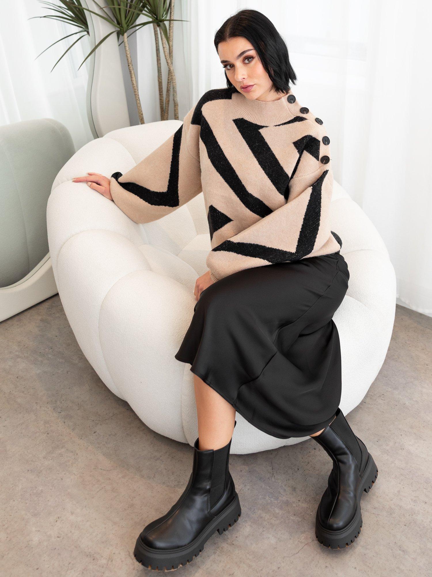 Product image 6 of 9, which shows Lovedrobe Geometric Jacquard High Neck Jumper, Camel, 8-10