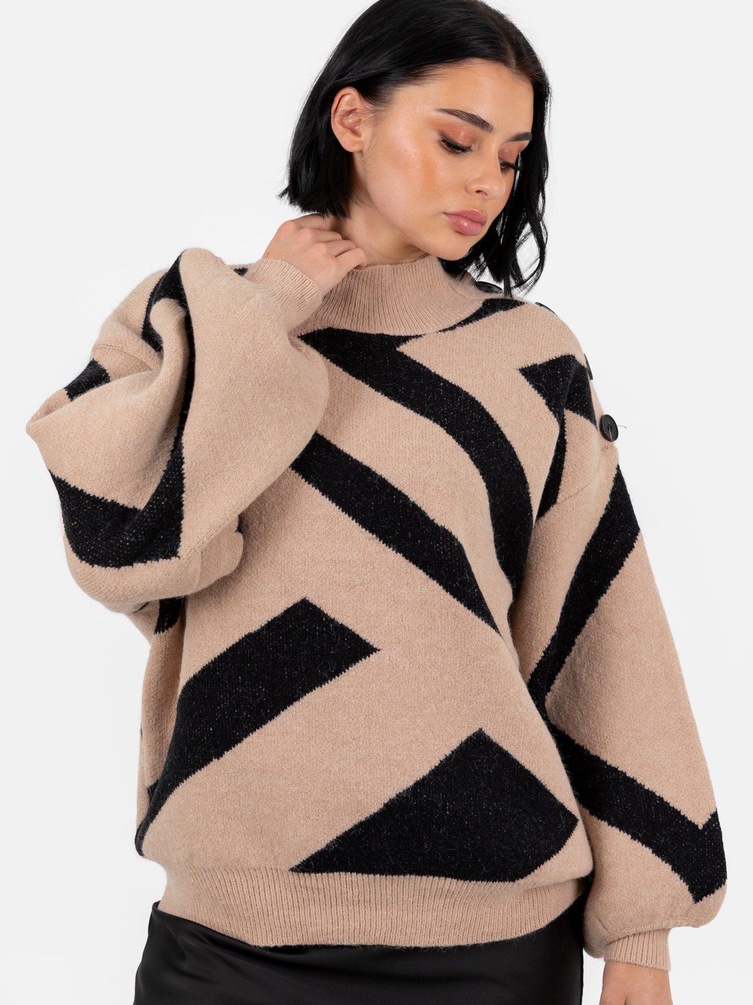 Product image 8 of 9, which shows Lovedrobe Geometric Jacquard High Neck Jumper, Camel, 8-10