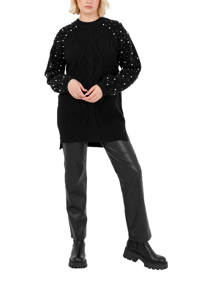 Lovedrobe Faux Pearl Embellished Cable Knit Jumper, Black