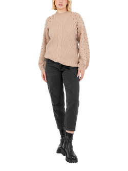Lovedrobe Faux Pearl Embellished Cable Knit Jumper, Camel