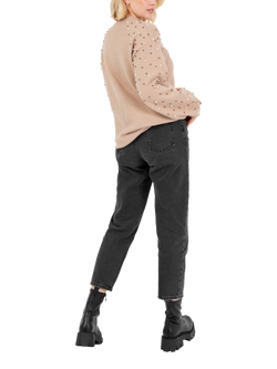 Lovedrobe Faux Pearl Embellished Cable Knit Jumper - view 2, Camel