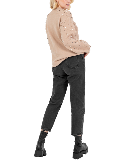 Lovedrobe Faux Pearl Embellished Cable Knit Jumper - view 2, Camel