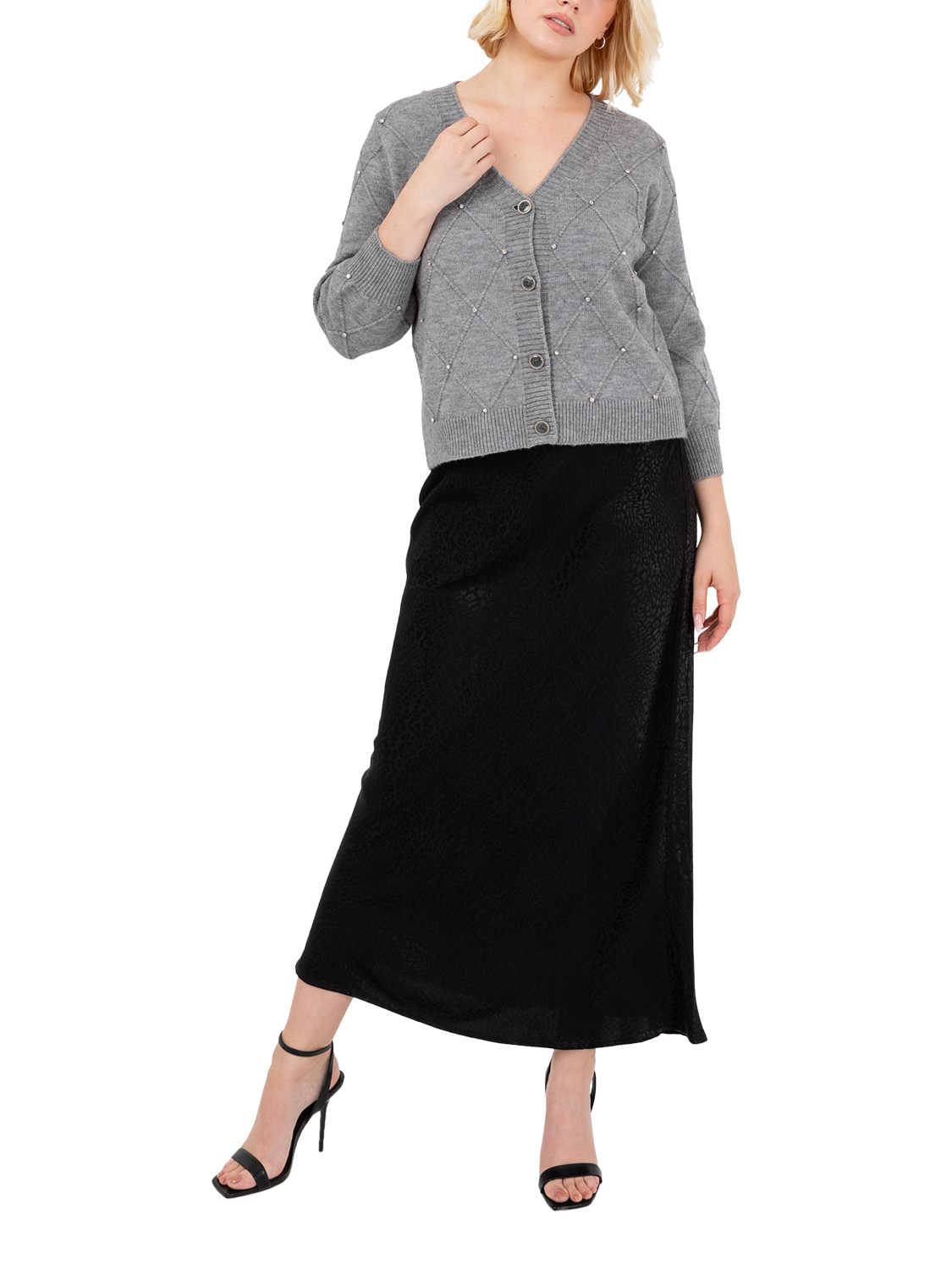 Product image 1 of 7, which shows Lovedrobe Diamante Crop Top & Cardigan Set, Grey, 8-10