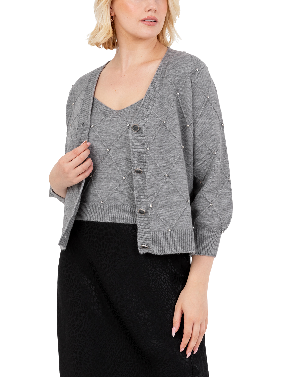 Product image 3 of 7, which shows Lovedrobe Diamante Crop Top & Cardigan Set, Grey, 8-10