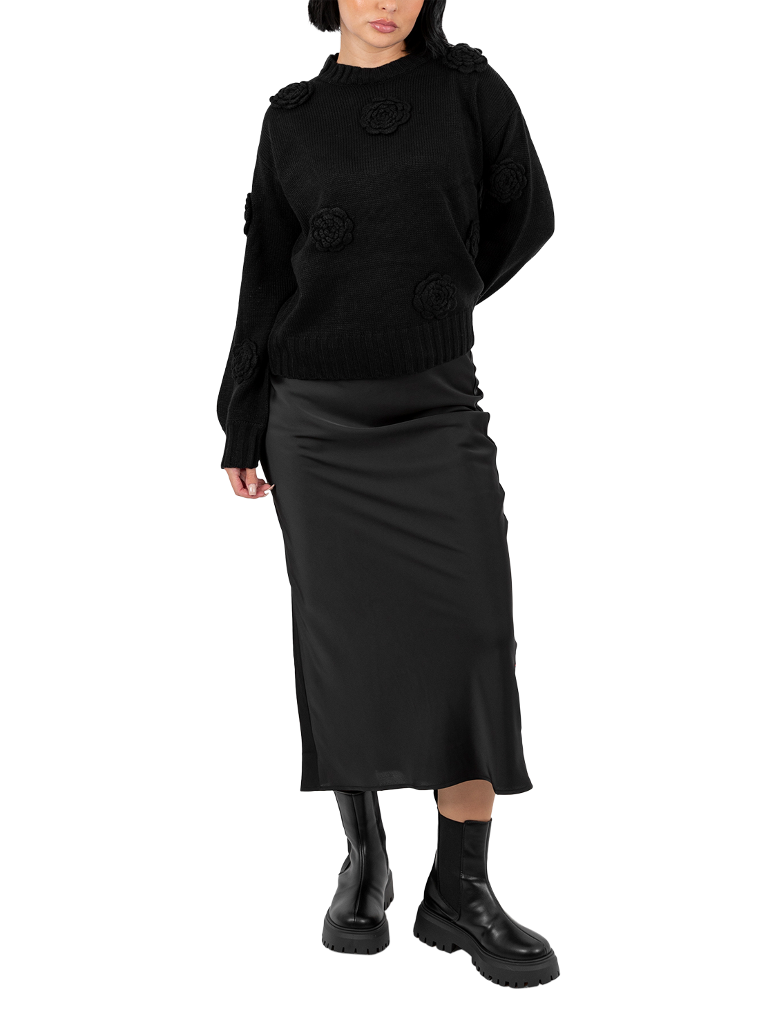 Product image 1 of 7, which shows Lovedrobe Floral Applique Jumper, Black, 8-10