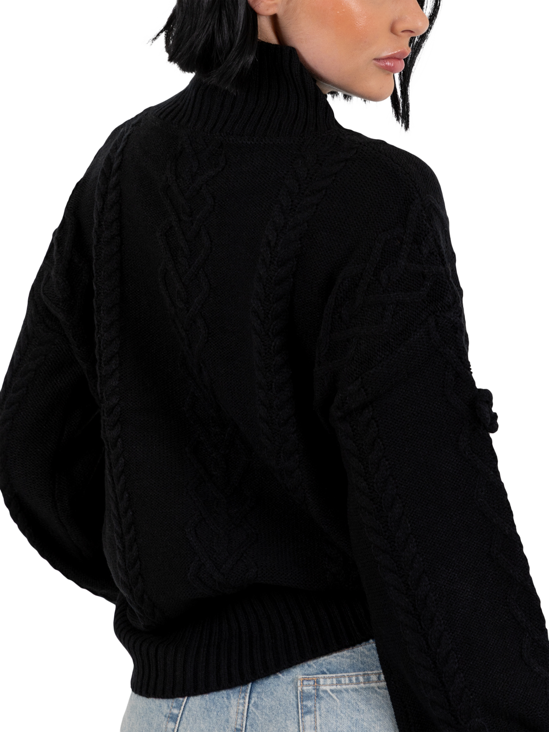 Product image 4 of 9, which shows Lovedrobe Floral Applique Cable Knit Jumper, Black, 8-10