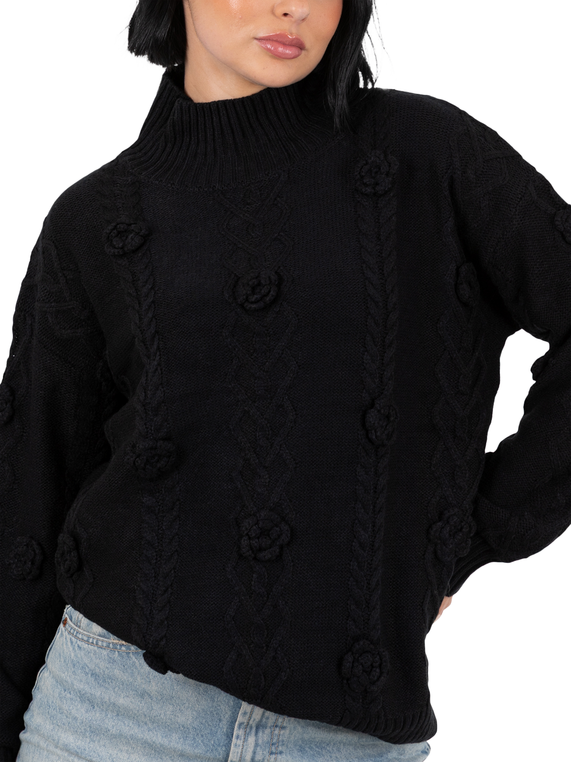 Product image 5 of 9, which shows Lovedrobe Floral Applique Cable Knit Jumper, Black, 8-10