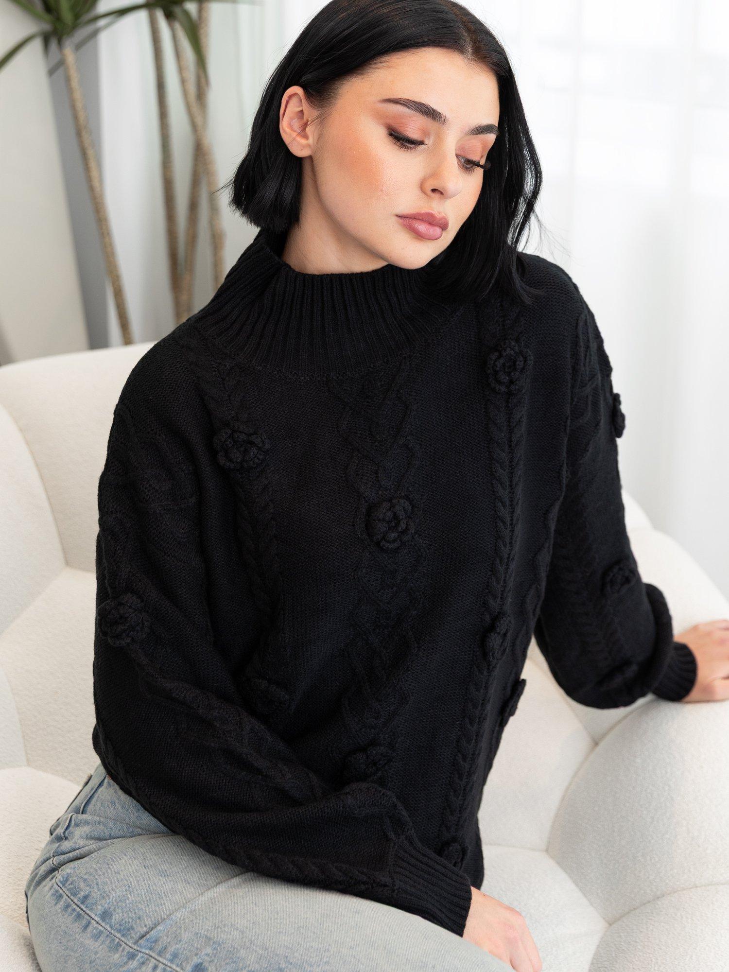Product image 7 of 9, which shows Lovedrobe Floral Applique Cable Knit Jumper, Black, 8-10