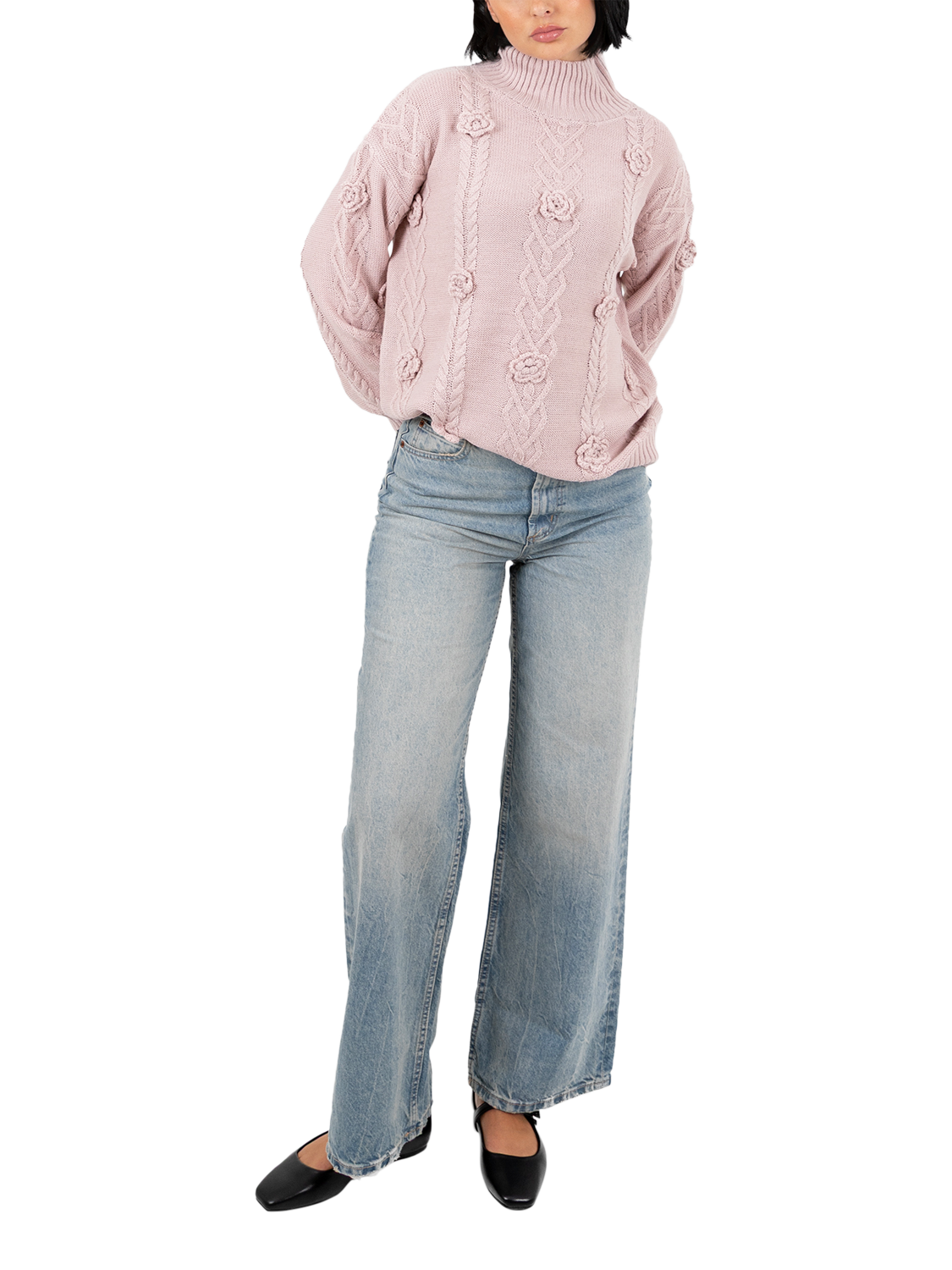 Product image 1 of 6, which shows Lovedrobe Floral Applique Cable Knit Jumper, Blush, 8-10