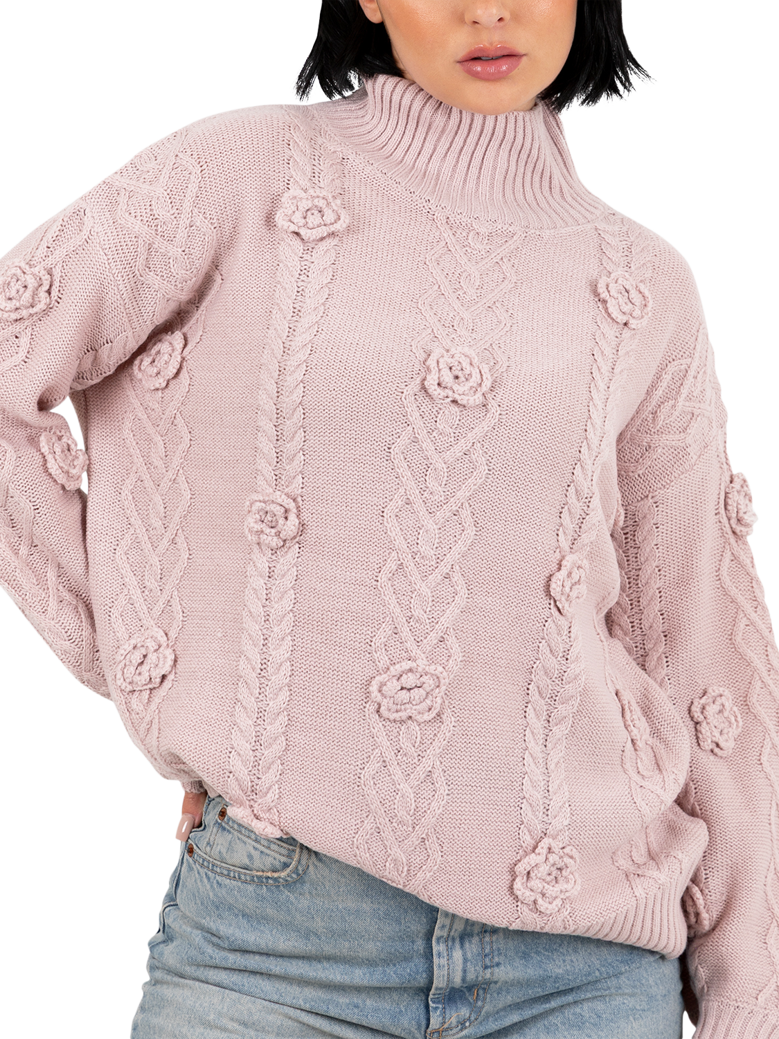Product image 3 of 6, which shows Lovedrobe Floral Applique Cable Knit Jumper, Blush, 8-10