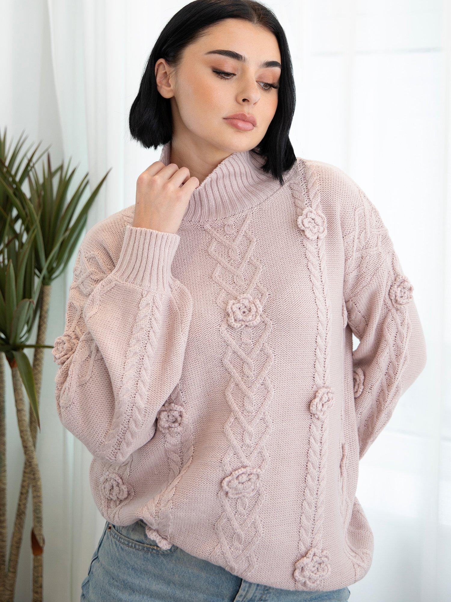 Product image 4 of 6, which shows Lovedrobe Floral Applique Cable Knit Jumper, Blush, 8-10