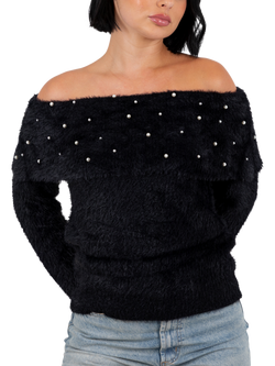 Lovedrobe Faux Pearl Detail Bardot Jumper, Black