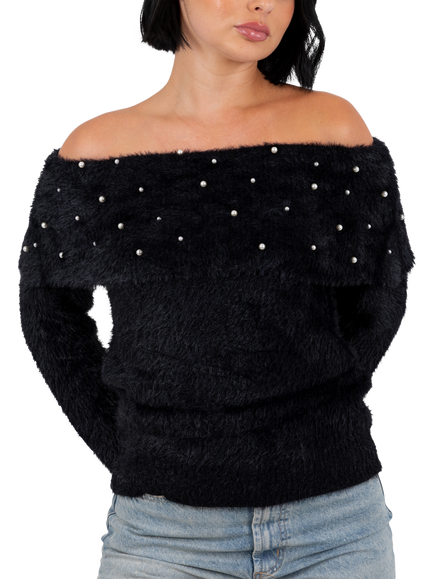 Lovedrobe Faux Pearl Detail Bardot Jumper, Black