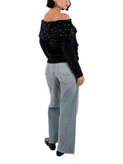 Lovedrobe Faux Pearl Detail Bardot Jumper - view 2, Black