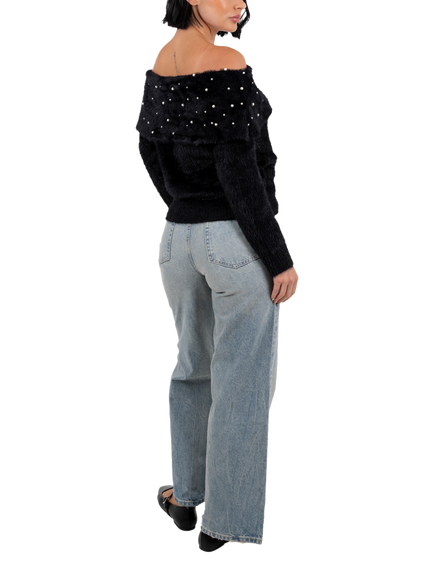 Lovedrobe Faux Pearl Detail Bardot Jumper - view 2, Black