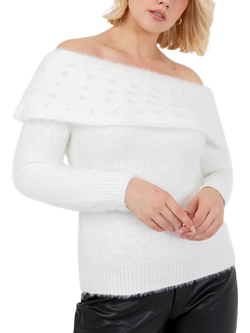 Lovedrobe Faux Pearl Detail Bardot Jumper, Ivory