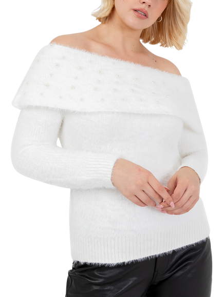 Lovedrobe Faux Pearl Detail Bardot Jumper, Ivory